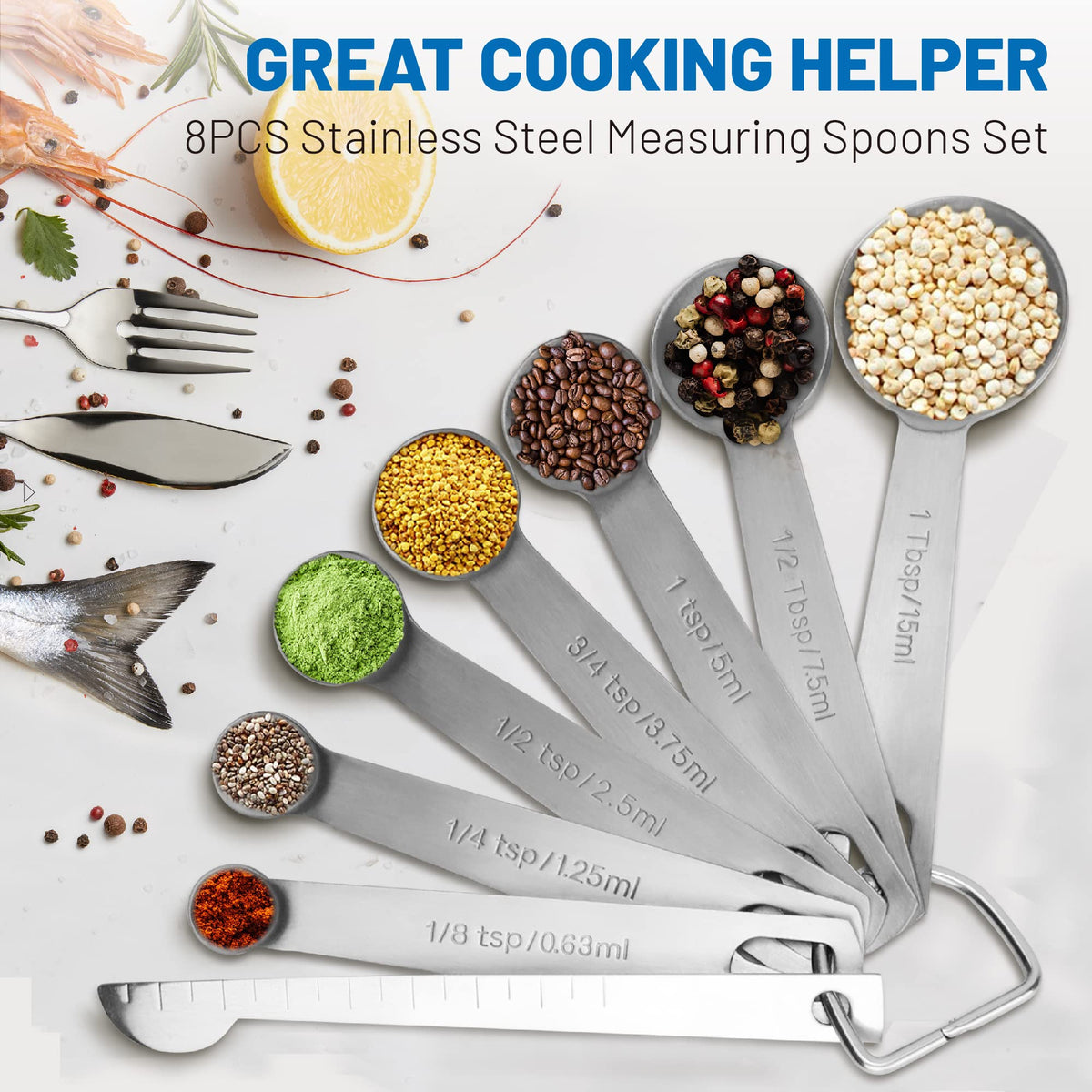 Dropfilterstore 8-Piece Stainless Steel Measuring Spoons, Engraved